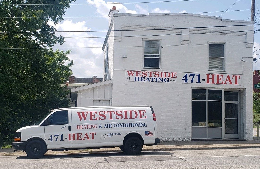The Westside Heating & Air Conditioning van in front of our shop on W 8th St in Cincinnati